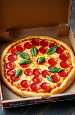 A detailed close-up of an open pizza box with a delicious pepperoni pizza inside