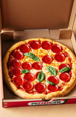 A detailed close-up of an open pizza box with a delicious pepperoni pizza inside