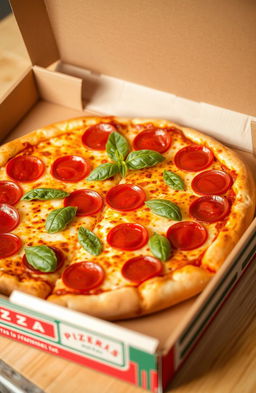 A detailed close-up of an open pizza box with a delicious pepperoni pizza inside