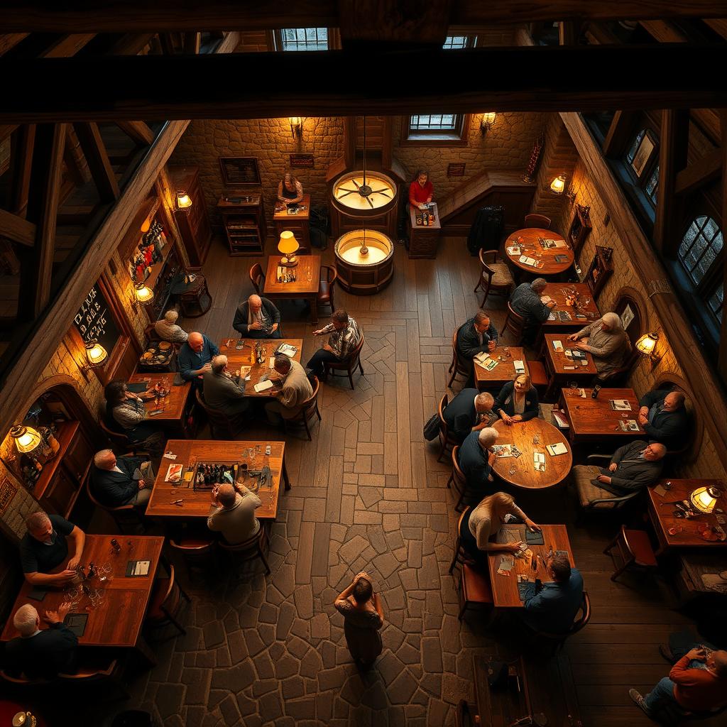 A cozy and bustling tavern seen from above, showcasing a rustic charm with wooden tables and chairs scattered around