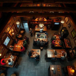 A cozy and bustling tavern seen from above, showcasing a rustic charm with wooden tables and chairs scattered around