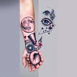 A full sleeve tattoo design on the forearm, showcasing a full moon adorned with a Mad Hatter's top hat on the inner arm