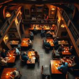 A cozy and bustling tavern seen from above, showcasing a rustic charm with wooden tables and chairs scattered around