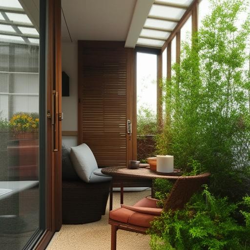 A compact, enclosed terrace adorned with a cozy sitting area, efficiently utilizing minimal space while maintaining a comfortable and inviting atmosphere.