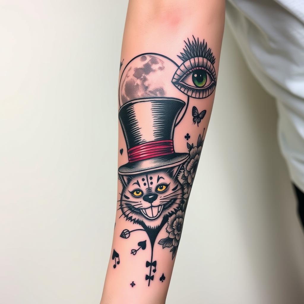 A full sleeve tattoo design on the forearm, showcasing a full moon adorned with a Mad Hatter's top hat on the inner arm