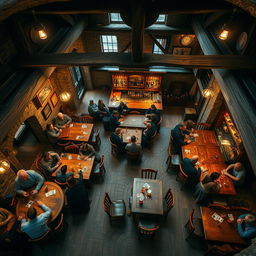 A cozy and bustling tavern seen from above, showcasing a rustic charm with wooden tables and chairs scattered around