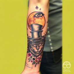 A full sleeve tattoo design on the forearm, showcasing a full moon adorned with a Mad Hatter's top hat on the inner arm