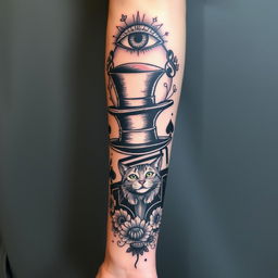 A full sleeve tattoo design on the forearm, showcasing a full moon adorned with a Mad Hatter's top hat on the inner arm