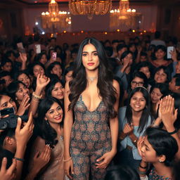 Kriti Sanon in a glamorous setting surrounded by a large group of fans