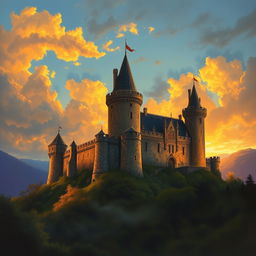 a medieval castle at sunset depicted in an oil painting style, with romantic lighting that creates a mystical and enchanting atmosphere