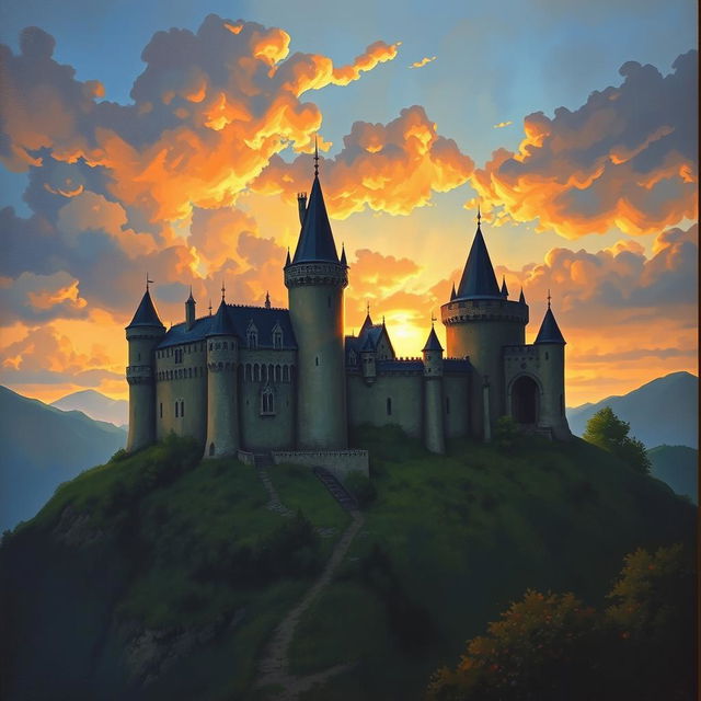 a medieval castle at sunset depicted in an oil painting style, with romantic lighting that creates a mystical and enchanting atmosphere