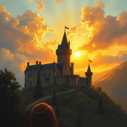 a medieval castle at sunset depicted in an oil painting style, with romantic lighting that creates a mystical and enchanting atmosphere