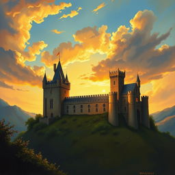 a medieval castle at sunset depicted in an oil painting style, with romantic lighting that creates a mystical and enchanting atmosphere