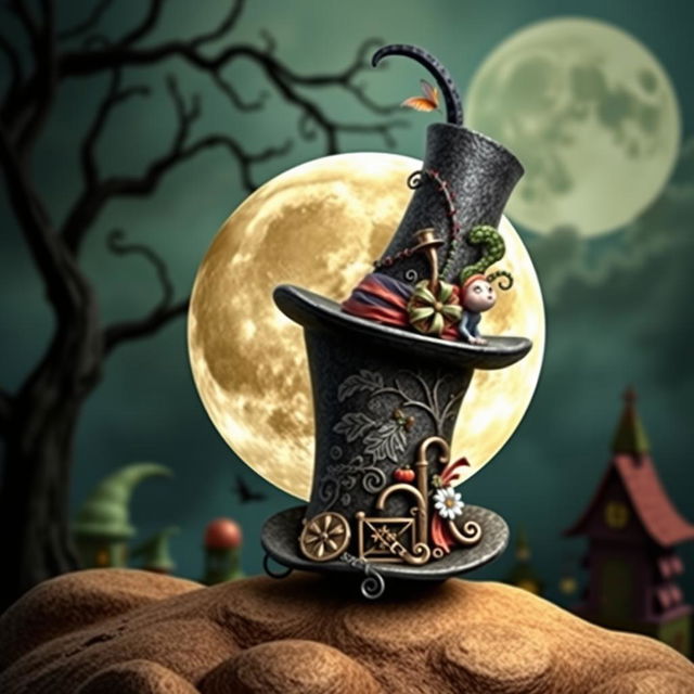 A full moon wearing a Mad Hatter's top hat, set against a whimsical background