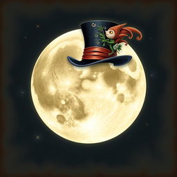 A full moon wearing a Mad Hatter's top hat, set against a whimsical background