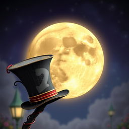 A full moon wearing a Mad Hatter's top hat, set against a whimsical background