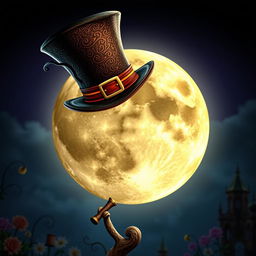 A full moon wearing a Mad Hatter's top hat, set against a whimsical background