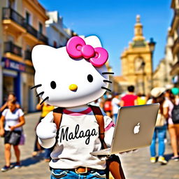 Hello Kitty enjoying the vibrant atmosphere of Malaga, wearing a stylish t-shirt with "Malaga" prominently displayed