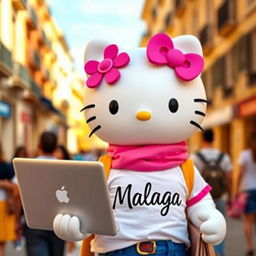 Hello Kitty enjoying the vibrant atmosphere of Malaga, wearing a stylish t-shirt with "Malaga" prominently displayed