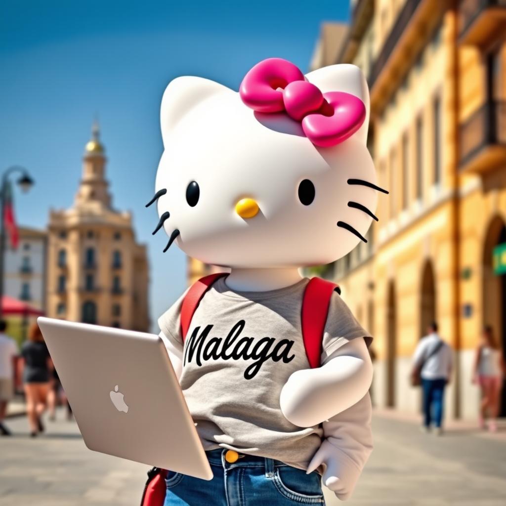 Hello Kitty enjoying the vibrant atmosphere of Malaga, wearing a stylish t-shirt with "Malaga" prominently displayed