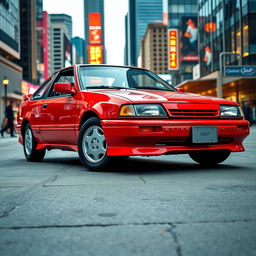 A pristine 1993 Geo Storm in an urban setting, the car is highlighted with a vibrant red and glossy finish