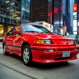 A pristine 1993 Geo Storm in an urban setting, the car is highlighted with a vibrant red and glossy finish