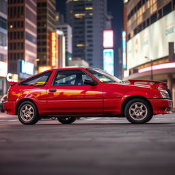 A pristine 1993 Geo Storm in an urban setting, the car is highlighted with a vibrant red and glossy finish