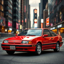 A pristine 1993 Geo Storm in an urban setting, the car is highlighted with a vibrant red and glossy finish