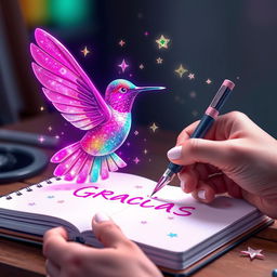 3D illustration of a skilled artist meticulously drawing a magical cherry blossom hummingbird using a glowing pen adorned with twinkling stars