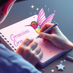 3D illustration of a skilled artist meticulously drawing a magical cherry blossom hummingbird using a glowing pen adorned with twinkling stars