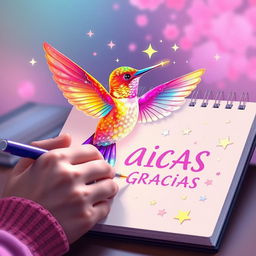 3D illustration of a skilled artist meticulously drawing a magical cherry blossom hummingbird using a glowing pen adorned with twinkling stars