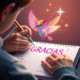 3D illustration of a skilled artist meticulously drawing a magical cherry blossom hummingbird using a glowing pen adorned with twinkling stars