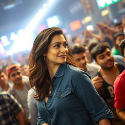 Kriti Sanon as the focal point in a large crowd scene, showcasing her celebrity appeal in a vibrant and lively environment