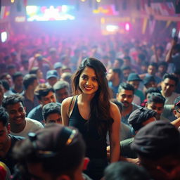 Kriti Sanon as the focal point in a large crowd scene, showcasing her celebrity appeal in a vibrant and lively environment