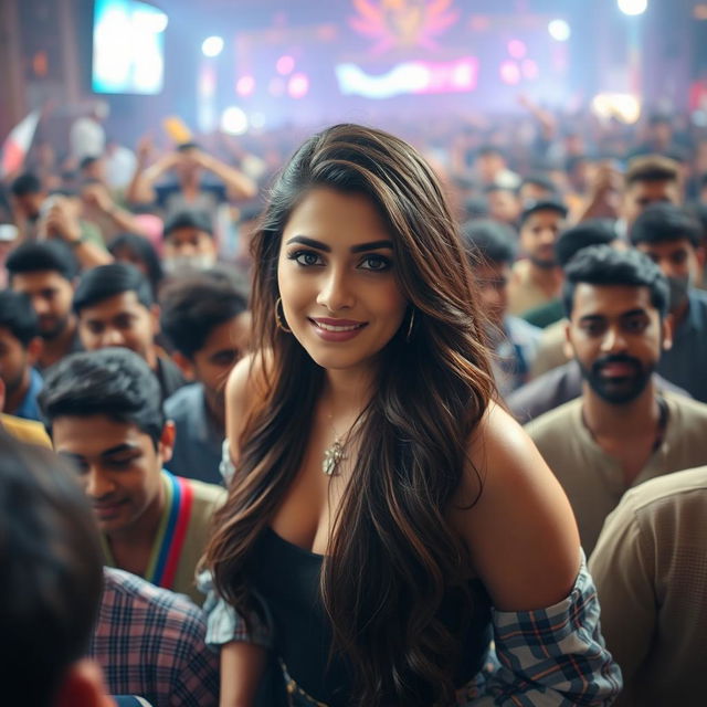 Kriti Sanon as the focal point in a large crowd scene, showcasing her celebrity appeal in a vibrant and lively environment