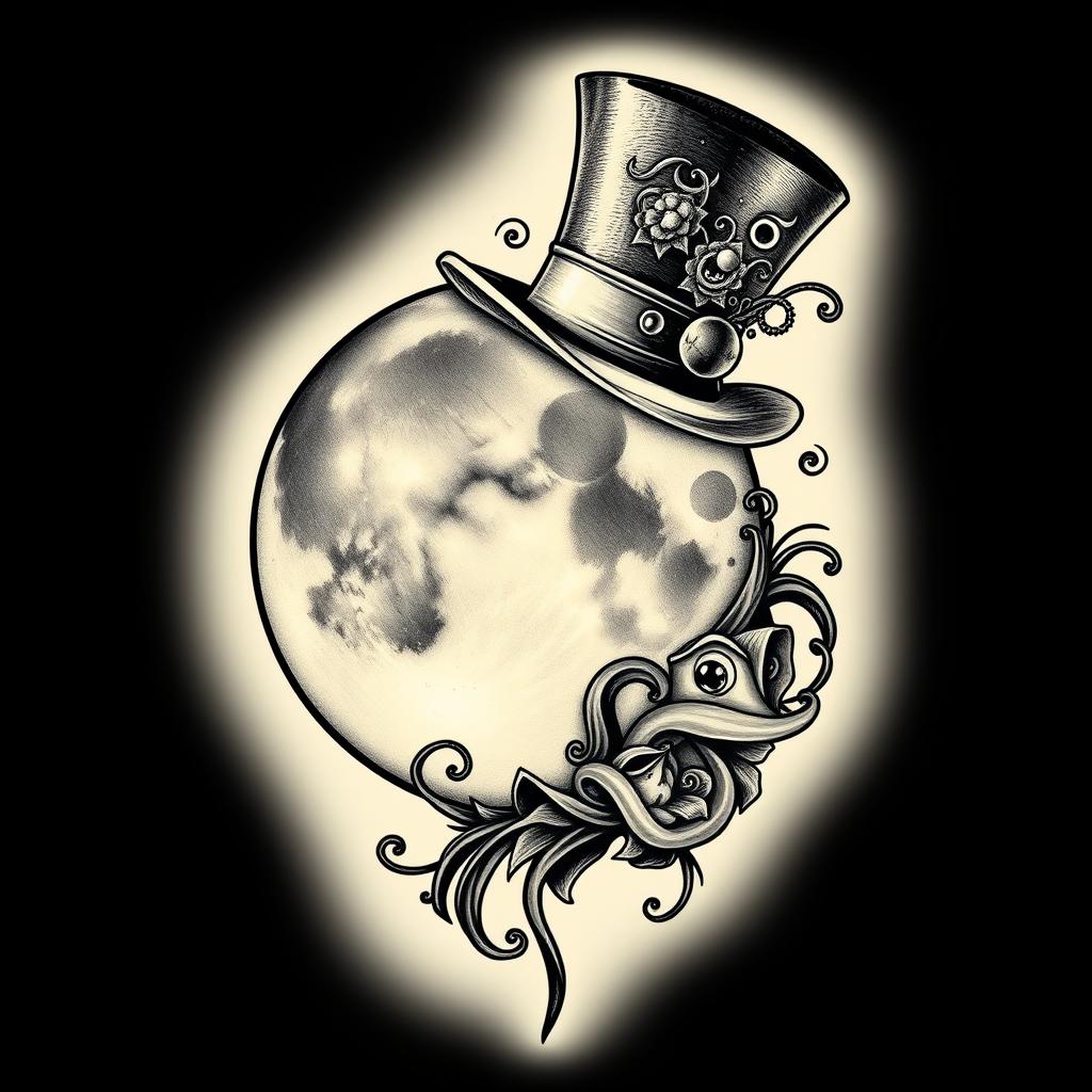 Tattoo design of a full moon wearing a Mad Hatter's top hat