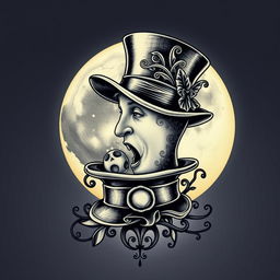 Tattoo design of a full moon wearing a Mad Hatter's top hat