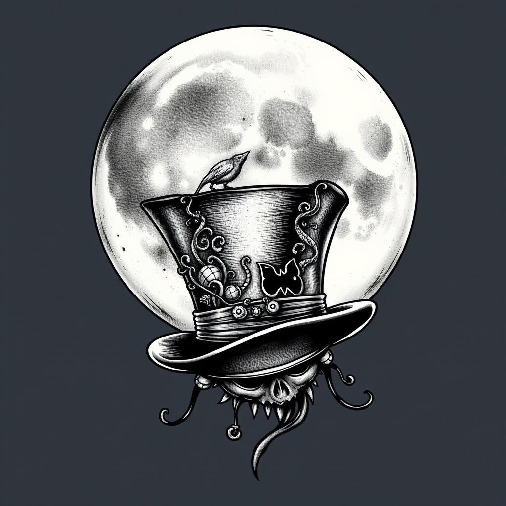 Tattoo design of a full moon wearing a Mad Hatter's top hat