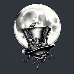 Tattoo design of a full moon wearing a Mad Hatter's top hat