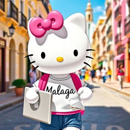 Hello Kitty exploring the vibrant streets of Malaga, adorned in a chic t-shirt featuring the word "Malaga