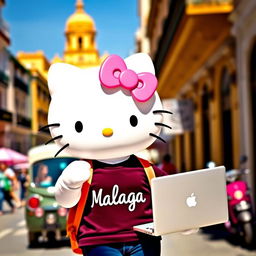 Hello Kitty exploring the vibrant streets of Malaga, adorned in a chic t-shirt featuring the word "Malaga