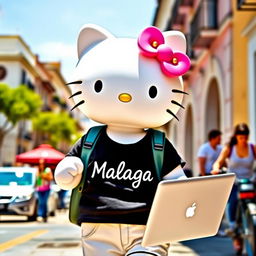 Hello Kitty exploring the vibrant streets of Malaga, adorned in a chic t-shirt featuring the word "Malaga