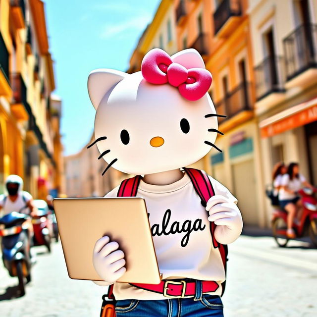 Hello Kitty exploring the vibrant streets of Malaga, adorned in a chic t-shirt featuring the word "Malaga