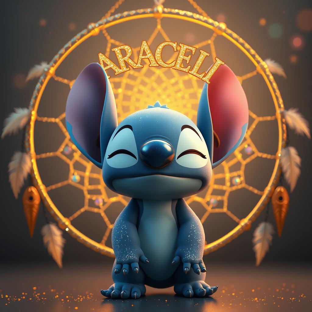 In a soft, dreamy, and glittery atmosphere, Stitch with eyes closed in celestial and golden colors stands in front of a circular dreamcatcher adorned with light feathers and gemstones