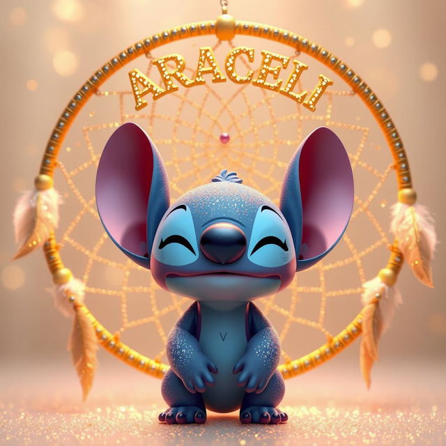 In a soft, dreamy, and glittery atmosphere, Stitch with eyes closed in celestial and golden colors stands in front of a circular dreamcatcher adorned with light feathers and gemstones