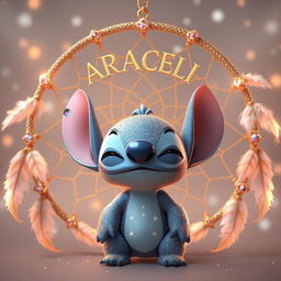 In a soft, dreamy, and glittery atmosphere, Stitch with eyes closed in celestial and golden colors stands in front of a circular dreamcatcher adorned with light feathers and gemstones