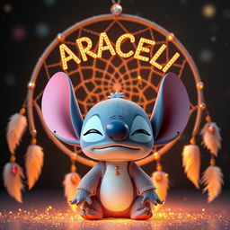 In a soft, dreamy, and glittery atmosphere, Stitch with eyes closed in celestial and golden colors stands in front of a circular dreamcatcher adorned with light feathers and gemstones