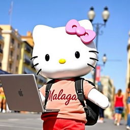 Hello Kitty in the vibrant city of Malaga, wearing a stylish t-shirt with "Malaga" printed on it