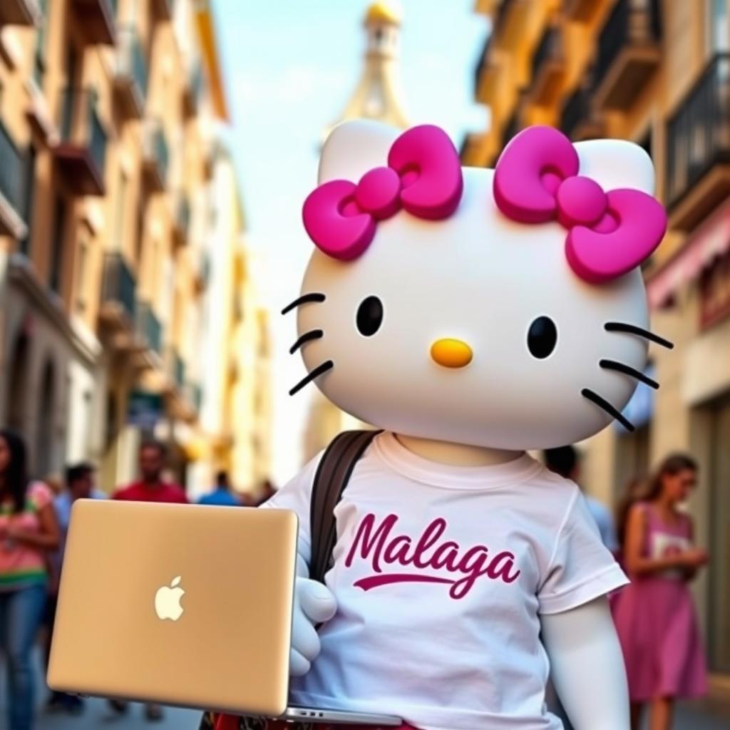 Hello Kitty in the vibrant city of Malaga, wearing a stylish t-shirt with "Malaga" printed on it