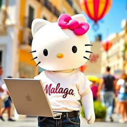 Hello Kitty in the vibrant city of Malaga, wearing a stylish t-shirt with "Malaga" printed on it